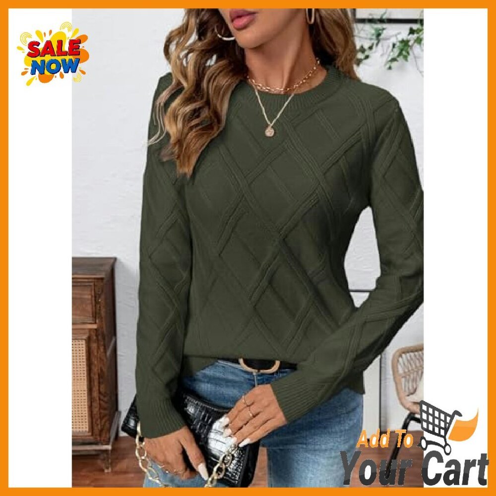 Cable Knit Crewneck Sweater, Viscose Blend, Fall Winter Tops - Picture 5 of 7